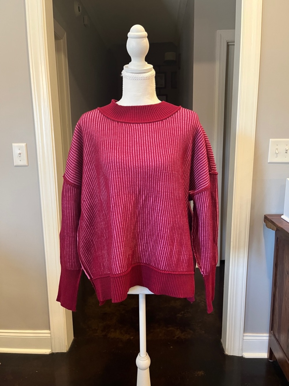 Women’s Ribbed Pullover Sweater - Cranberry and Pink